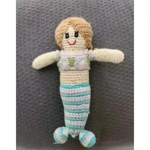 Pebble Crocheted Mermaid Girl w Aqua Purple &‎ White Striped Tail Baby Rattle